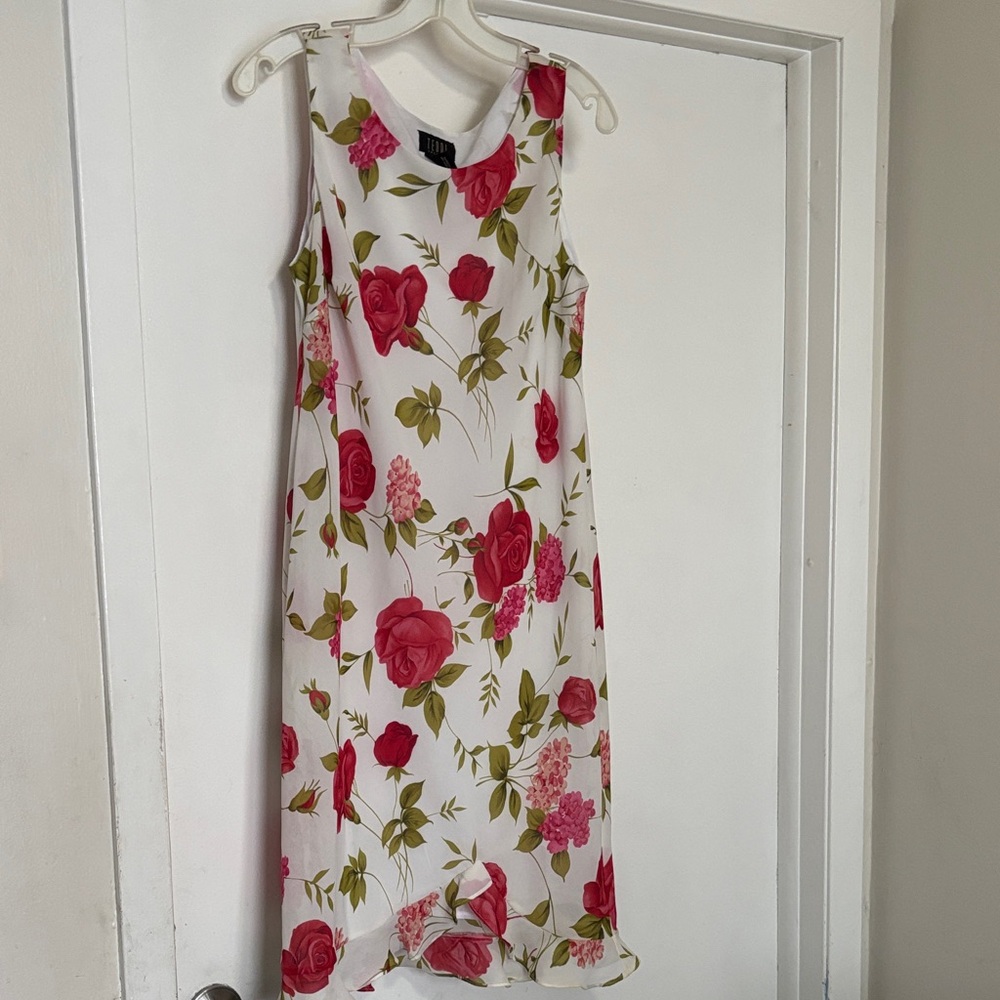 Sleeveless White Dress with Pink Rose Print